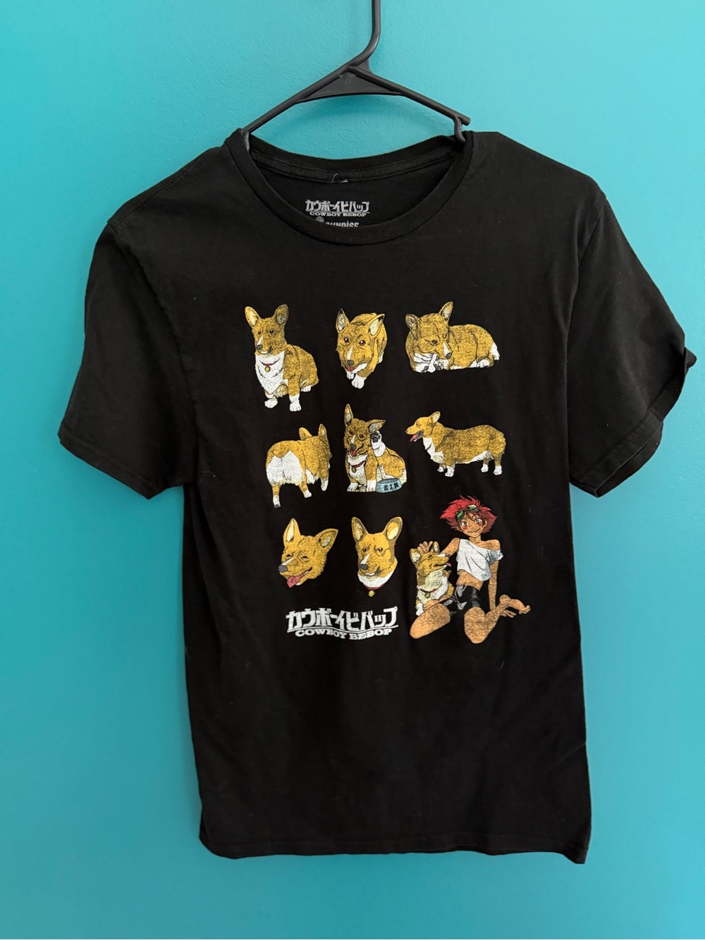 Black Graphic Tee with Corgi and Character Print